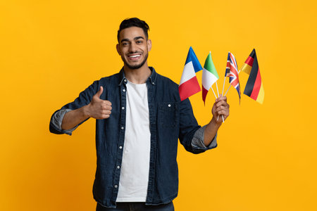 Handsome arab guy showing bunch of flags and thumb up