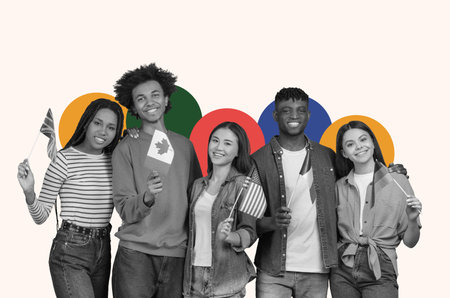 Group of Friends Celebrating Unity With Flags in a Collage Setting Showing Diversity and Happinessの写真素材