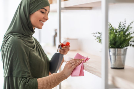 Muslim young woman cleaning shelfs at home at kitchenの写真素材