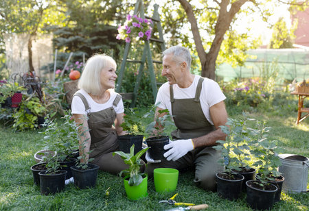 Retirement leisure concept. Excited senior spouses potting plants in garden in spring time, sitting on courtyardの写真素材