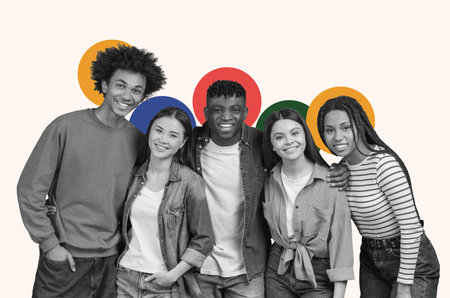 Group of Friends Smiles Together in a Collage Setting With Colorful Background