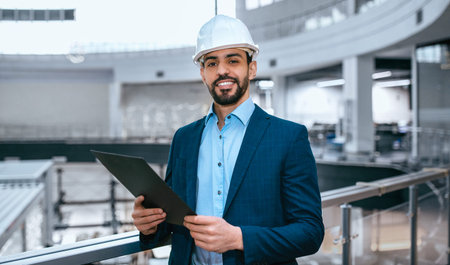 Construction Manager Stands in Modern Building Holding Report During Workday