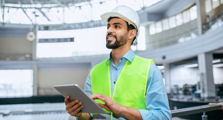 Construction Worker Uses Tablet to Manage Tasks Inside a Large Building Site
