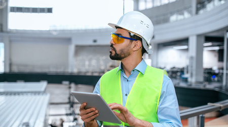 Worker Uses Tablet to Check Tasks in a Factory During Daytime Hours