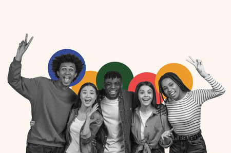 Group of Young People Celebrating Together With Joyful Expressions and Hand Gesturesの写真素材