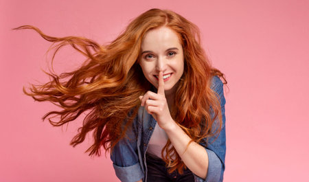 Mysterious redhead woman put finger on lips, showing silence signの写真素材