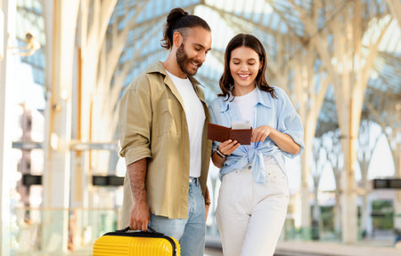 Positive millennial caucasian couple with suitcase looks at passport at train stationの写真素材