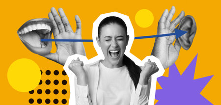 Collage Showing Different Expressions With Hands and Faces in a Colorful Mosaic Settingの写真素材