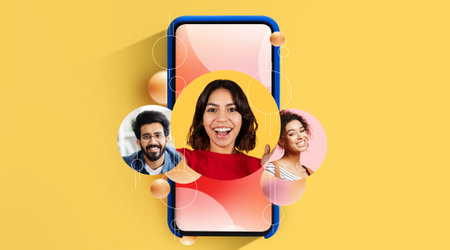 Collage of People Communicating Through Smartphone With a Bright Background and Colorful Bubbles