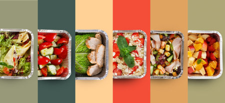 Food Set With Different Dishes Displayed in Aluminum Trays on a Table at a Casual Gathering