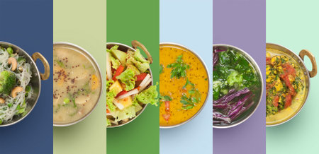 Colorful Display of Various Dishes on a Table in a Modern Kitchen Settingの写真素材