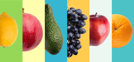 Colorful Fruit Display Arranged in a Creative Set With Various Dishes and Background Colorsの写真素材