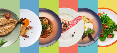 Different Dishes Served in a Bright Set of Colors on Platesの写真素材