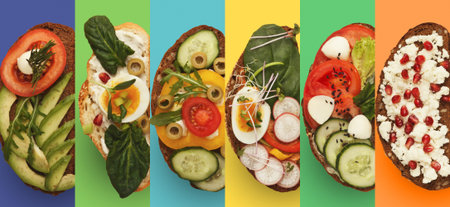 Colorful Dishes With Fresh Toppings on Bread Set Against Vibrant Backgrounds