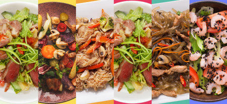 Colorful Food Set With Various Dishes Displayed on Vibrant Backgrounds in a Casual Settingの写真素材