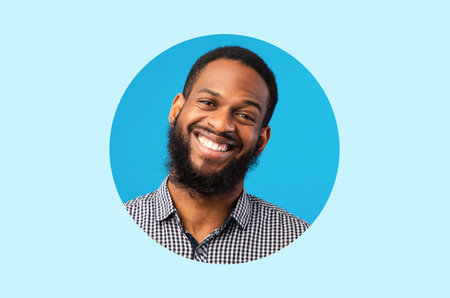 Smiling Man With Beard in a Round Collage Against a Blue Background