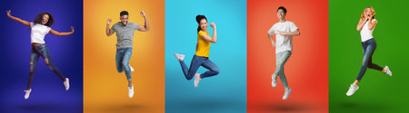 Positive multiracial people jumping in air and celebrating success, exclaiming with joy over bright...