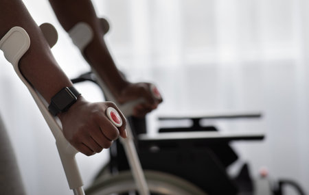 Home workout, trauma recovery exercises in rehabの写真素材