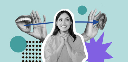 Creative Collage of a Woman With Hands and Mouth Depicting Communication Conceptsの写真素材