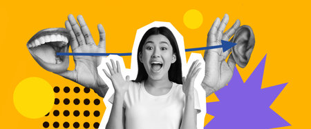 Collage of a Woman Expressing Surprise With Hands and Mouth Graphics in a Colorful Setの写真素材