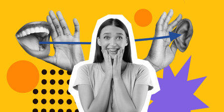Collage Showing Expressive Hands and Ears Around a Smiling Person in a Bright Settingの写真素材