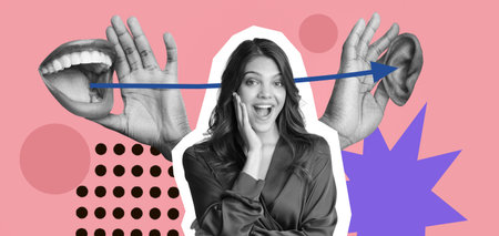 Collage Showing a Woman Reacting to Sounds With Hands and Ears in a Colorful Designの写真素材