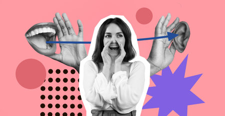 Collage Showing a Woman Shouting With Hands and Ears in a Colorful Background of Shapesの写真素材