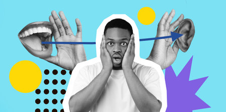 Creative Collage Showing Different Parts of Communication in a Playful and Vibrant Designの写真素材