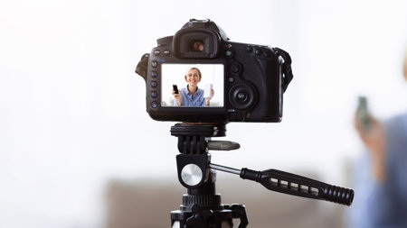 Camera Set up on Tripod Captures a Person Holding a Phone and Smiling in a Bright Indoor Space