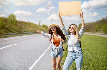 Two female friends hitching free ride, holding empty cardboard sign with mockup, stopping car on roadside, copy spaceの写真素材