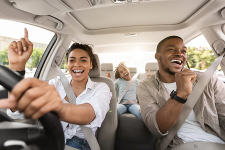 Black Family Singing Riding Car Having Fun Enjoying Road Trip
