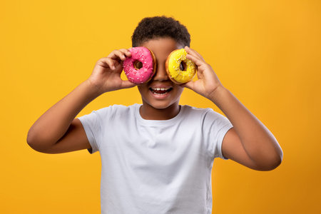 Funny african american boy holding donuts over eyesの写真素材