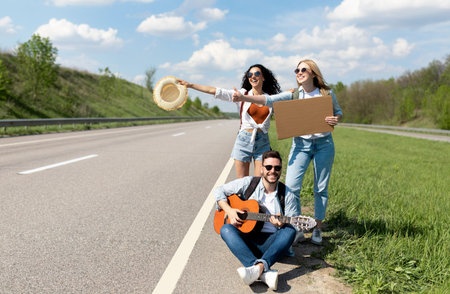Happy multiracial friends hitchhiking, trying to stop car with empty carton sign, mockupの写真素材