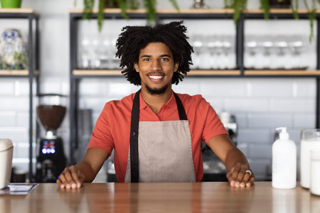Cheerful curly attractive young black male bartender in apron behind bar waiting for client in cafe interiorの写真素材