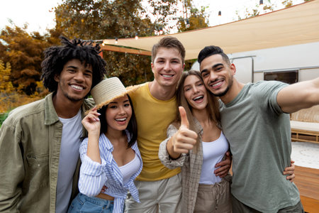 Diverse millennials taking selfie together near camper van, smiling at camera, spending time together on camping tripの写真素材