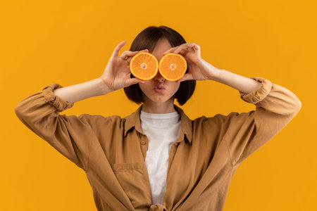 Playful caucasian lady covering her eye with orange halves, posing on yellow studio backgroundの写真素材