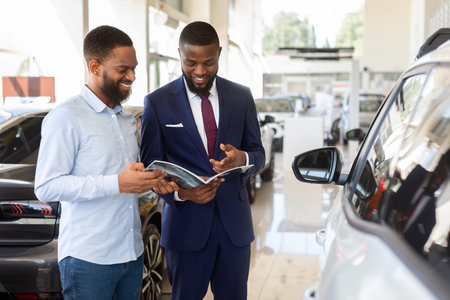 Black Male Customer In Car Dealership Center Looking At Brochure With Salesmanの写真素材
