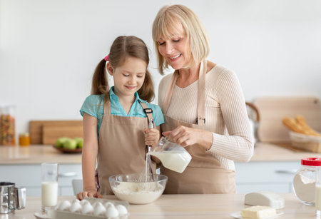 Happy senior lady and her granddaughter kneading dough