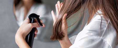 Stylist Applies Hair Spray in a Salon During a Hair Care Session in the Morningの写真素材