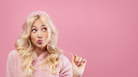 Young Woman Chewing Gum and Making a Playful Expression Against a Pink Backgroundの写真素材
