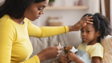 Mother Cares for Sick Child at Home While Checking Temperature With Thermometer