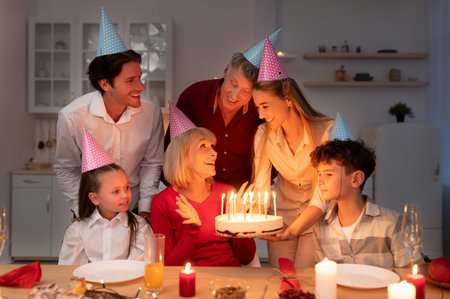Happy extended multi generation family having birthday party, giving senior woman b-day cake with candles at homeの写真素材