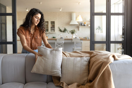Attractive young woman arranging pillows and plaid on comfortable sofa, making her home cozy, empty spaceの写真素材