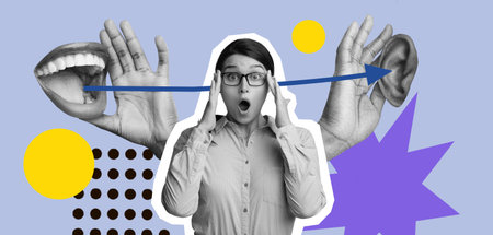 Collage Showing a Person Reacting to Sounds With Hands, Mouth, and Ear in a Creative Design