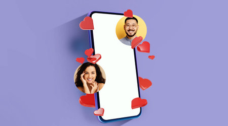 Collage of Smartphone Showing Two People With Heart Symbols on a Simple Background