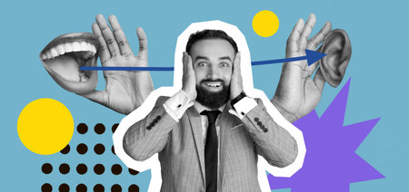 Collage Showing Communication With Hands, Mouth, and Ears on Colorful Background in Modern Design