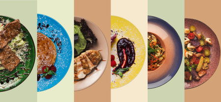 Food Set in Different Dishes Displayed on Colorful Backgrounds During a Meal Settingの写真素材