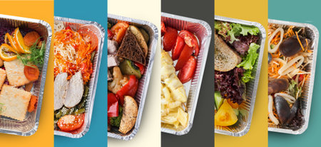 Dishes Arranged in Trays With Different Types of Food on Colorful Backgrounds in a Simple Setting