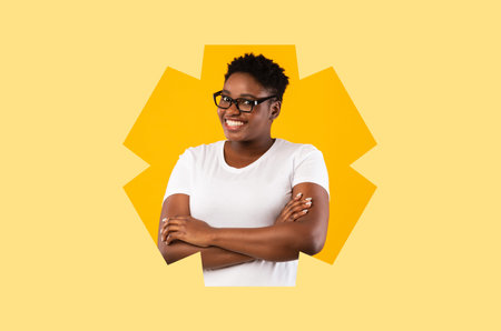 Smiling Woman Poses Confidently in a Yellow Background Collage During a Vibrant Photo Session