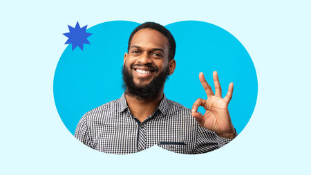 Person Smiles and Shows Hand Gesture on Blue Background in a Creative Collage Design